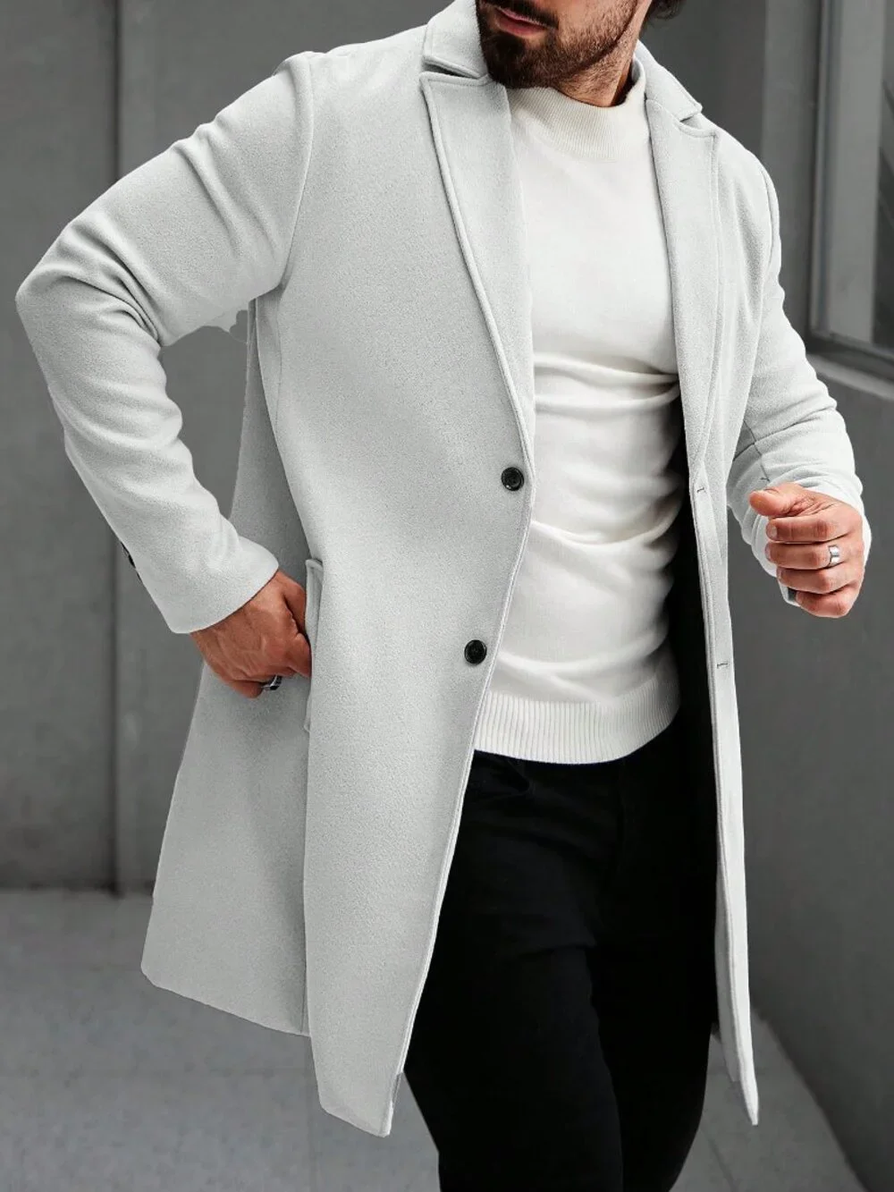 Grey Regular Fit Men's Button Front Lapel Long Sleeve Overcoat